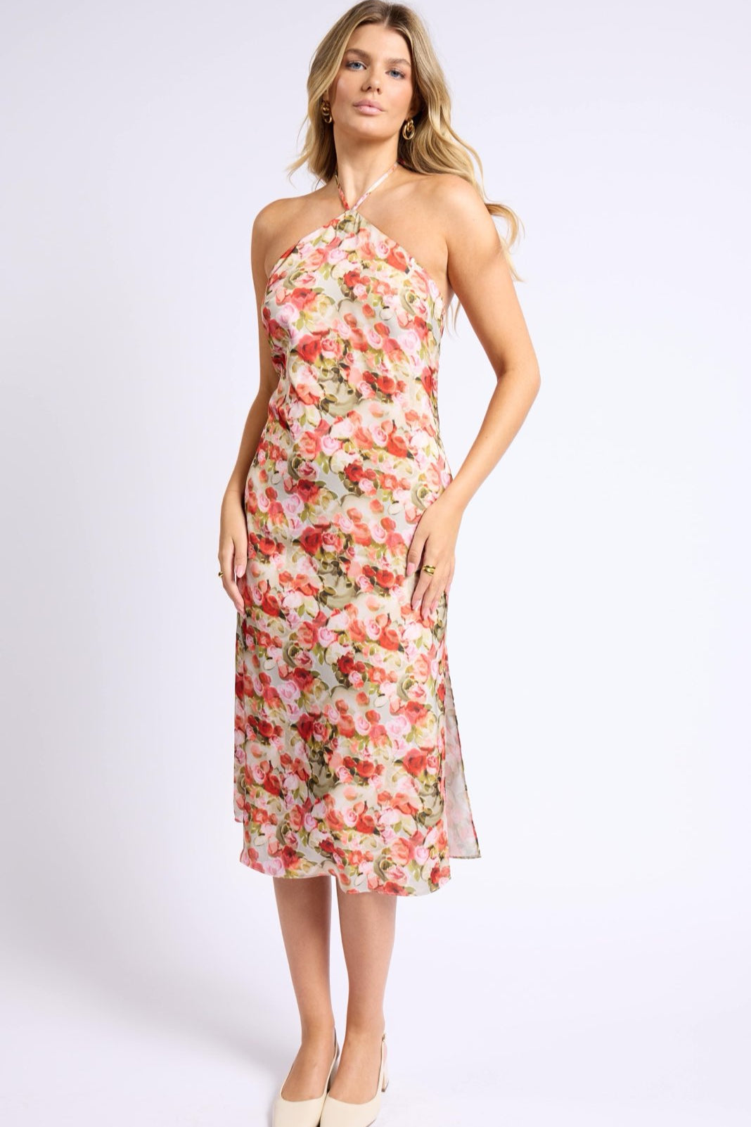 Adienna Red Floral Halter Midi Dress