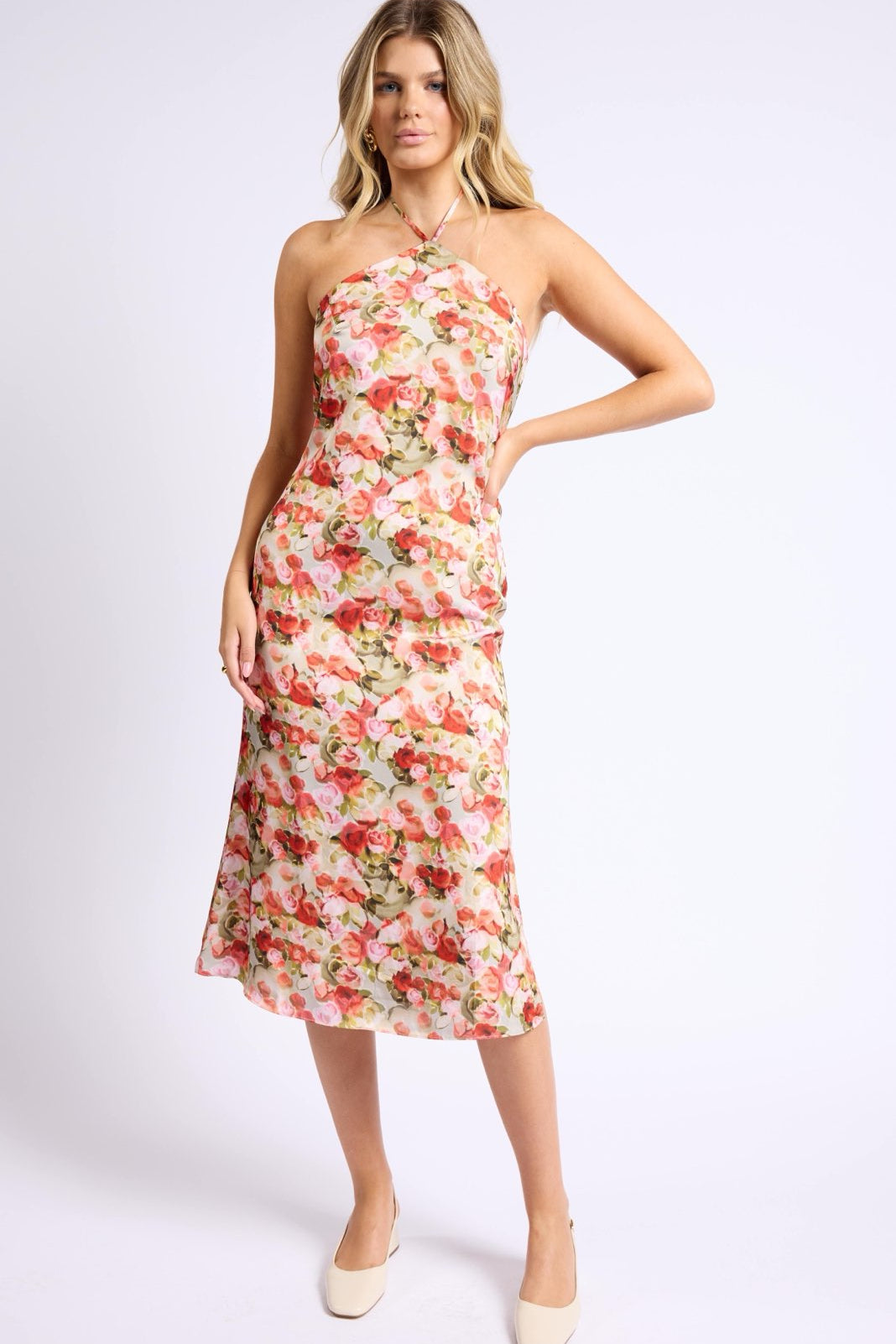 Adienna Red Floral Halter Midi Dress