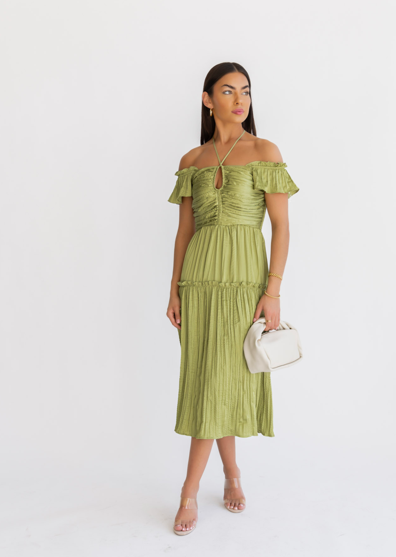 Ruche Me Right Lime Satin Midi Dress