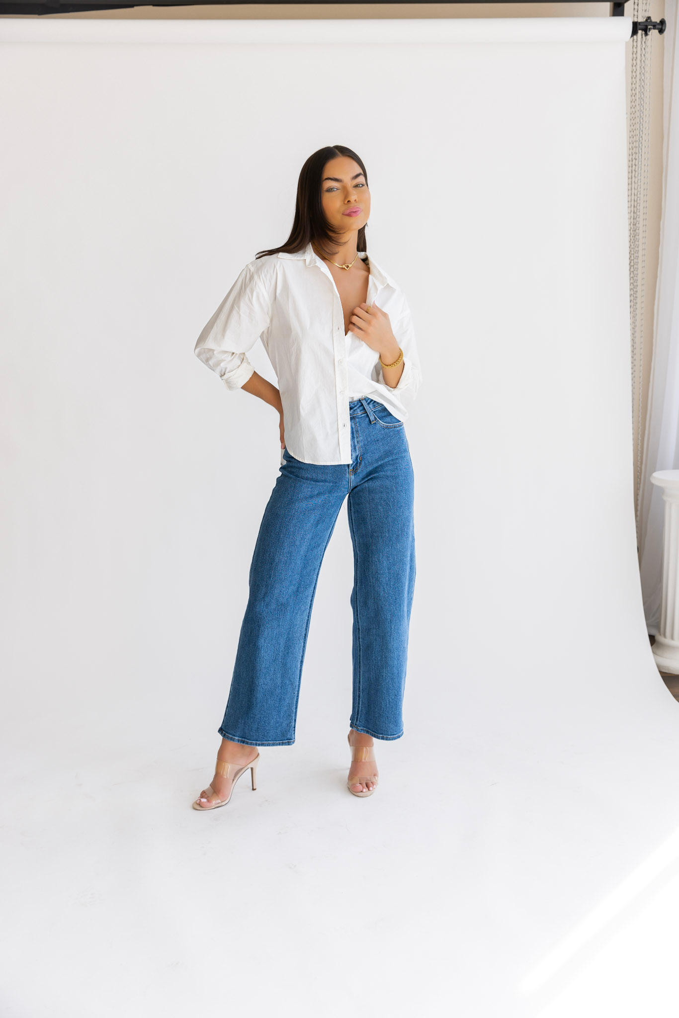 Selenia White Poplin Button Down Top