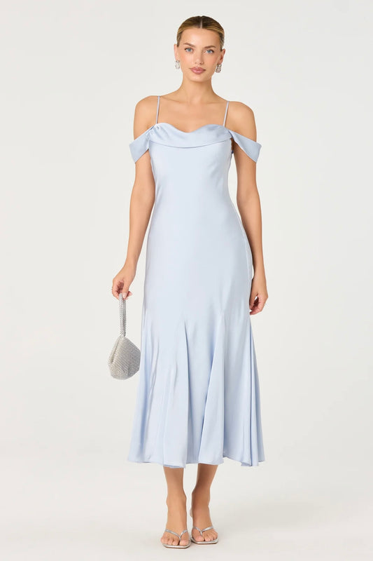 Araxie Blue Satin Midi Dress