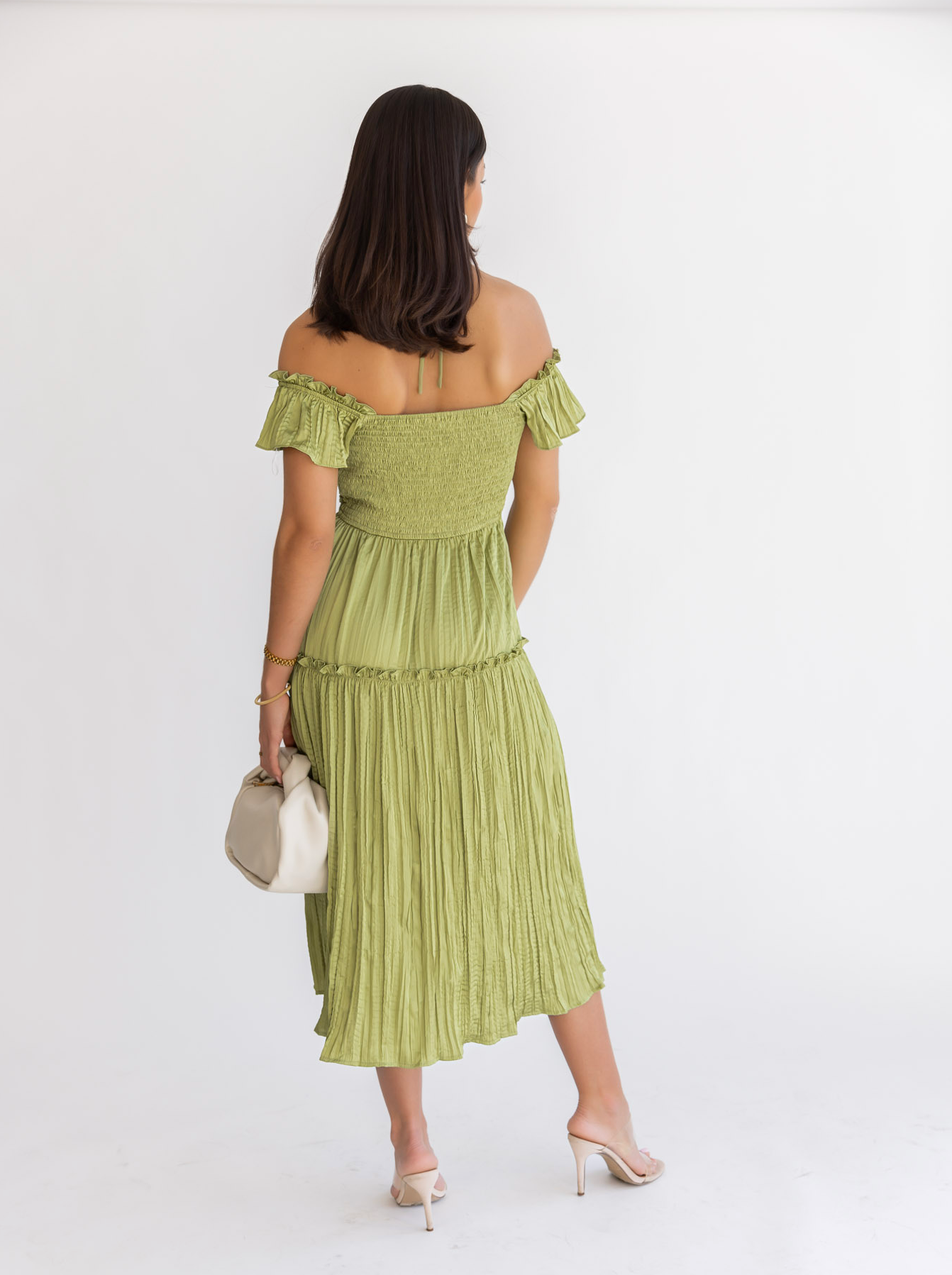 Ruche Me Right Lime Satin Midi Dress