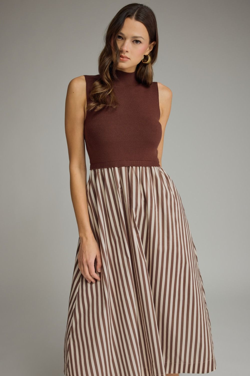 Hawthorne Brown Contrast Striped Midi Dress