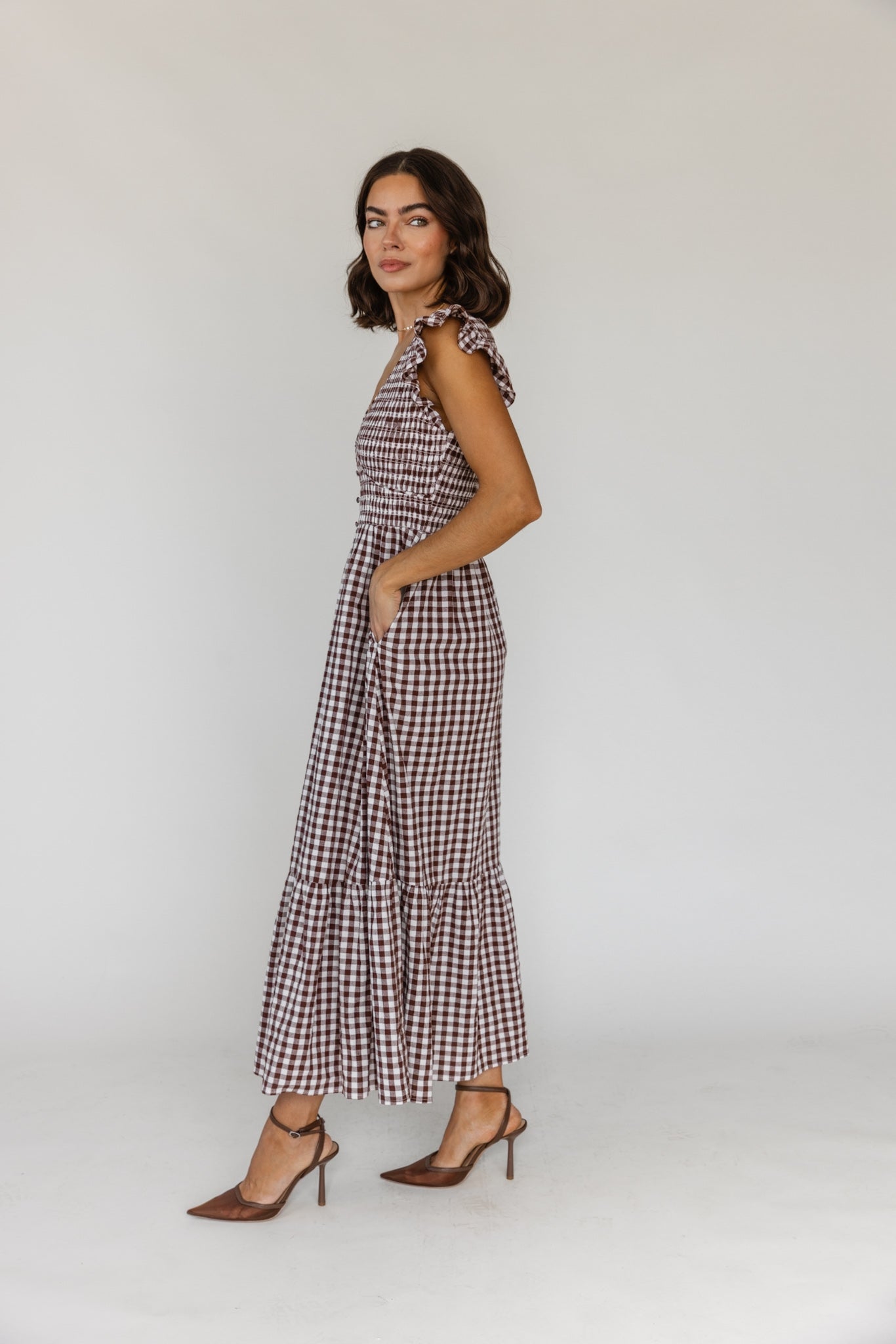 Ivanah Brown Gingham Midi Dress