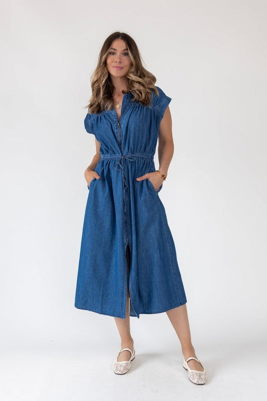 Brielle Zip-Front Denim Midi Dress