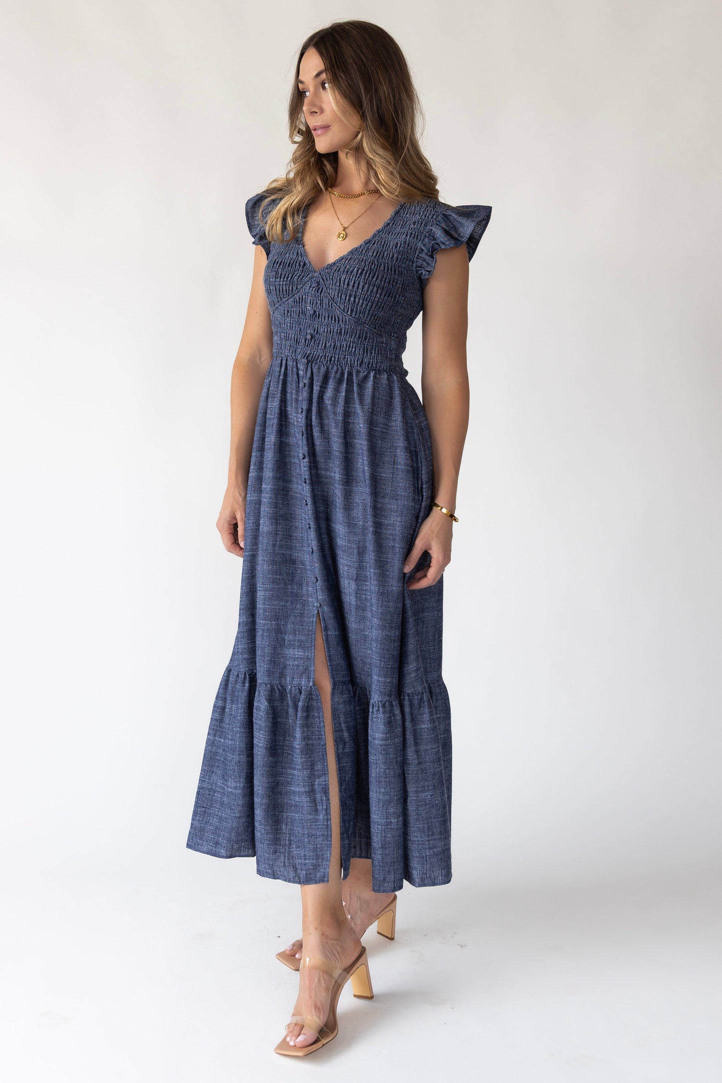Ivanah Blue Smocked Midi Dress