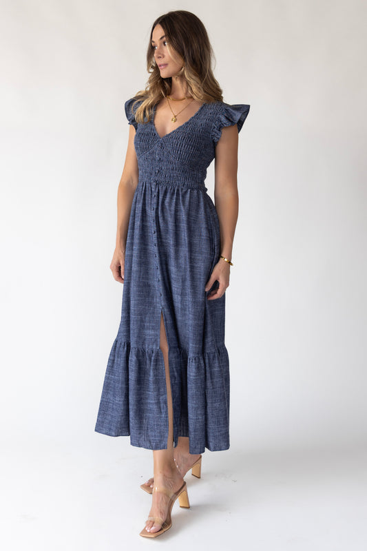 Ivanah Blue Smocked Midi Dress