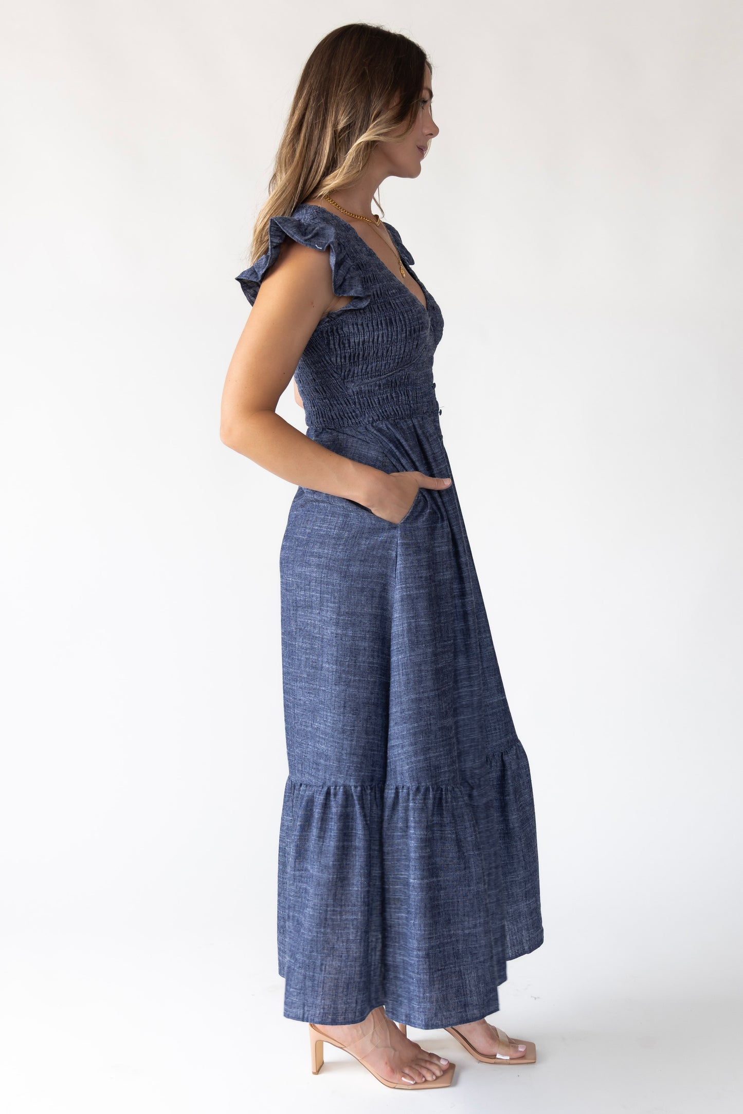 Ivanah Blue Smocked Midi Dress
