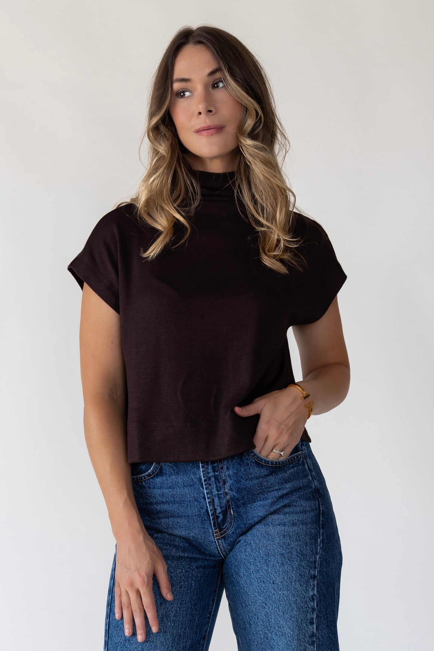Meila Brown Mock Neck Pullover Top