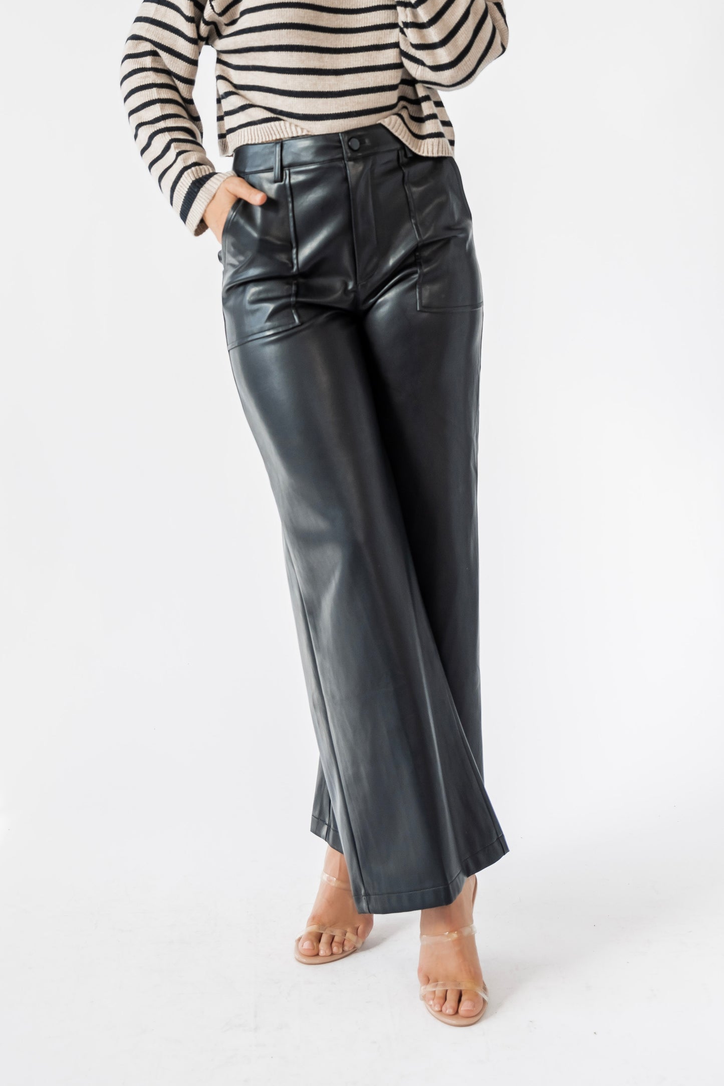 Moira Black Leather Wide Leg Pants