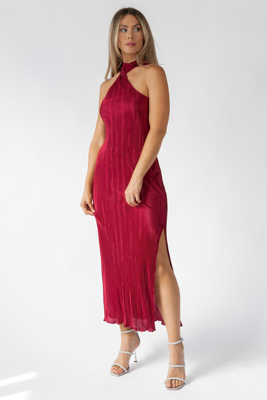 Lys Burgundy Plisse Halter Maxi Dress