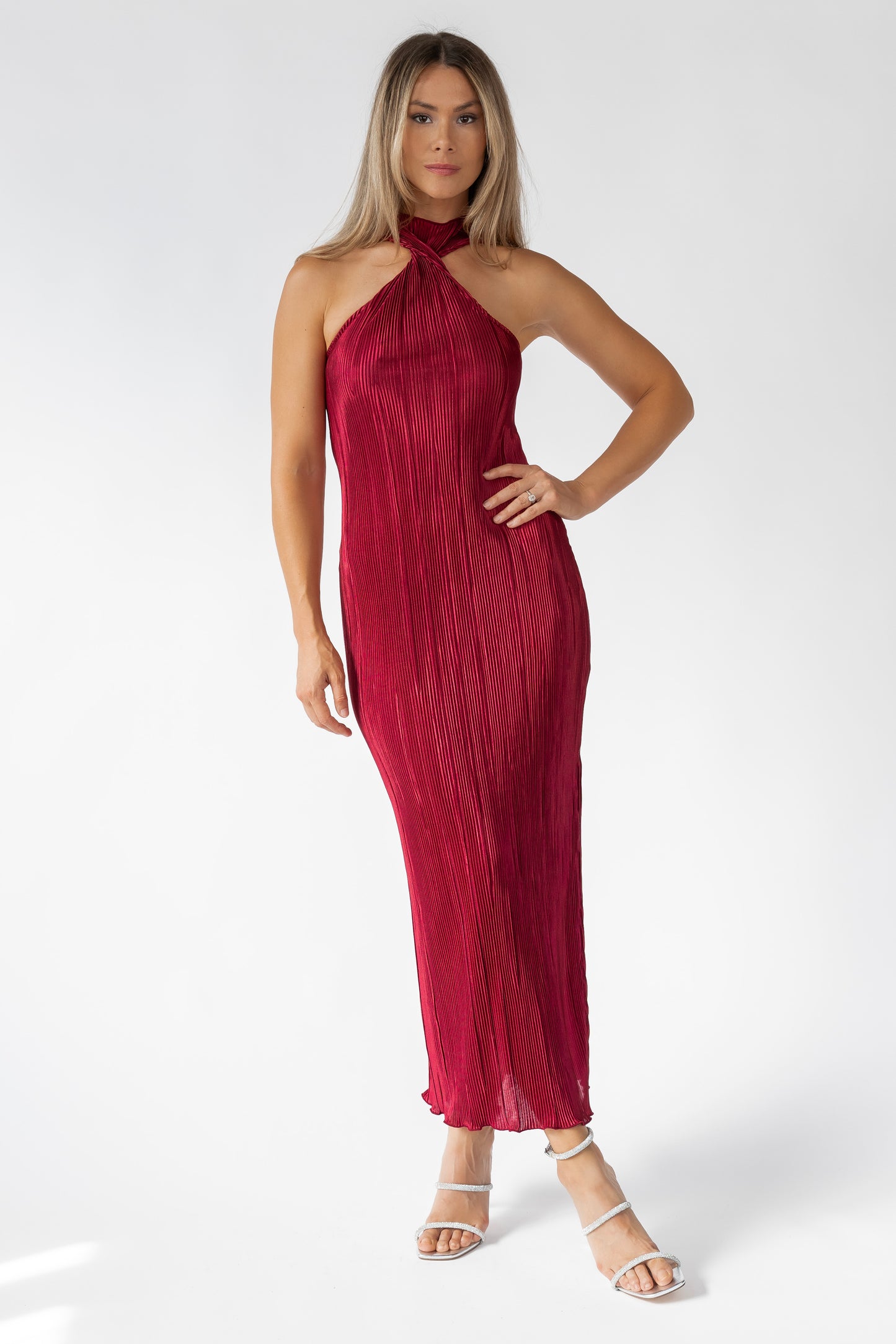 Lys Burgundy Plisse Halter Maxi Dress