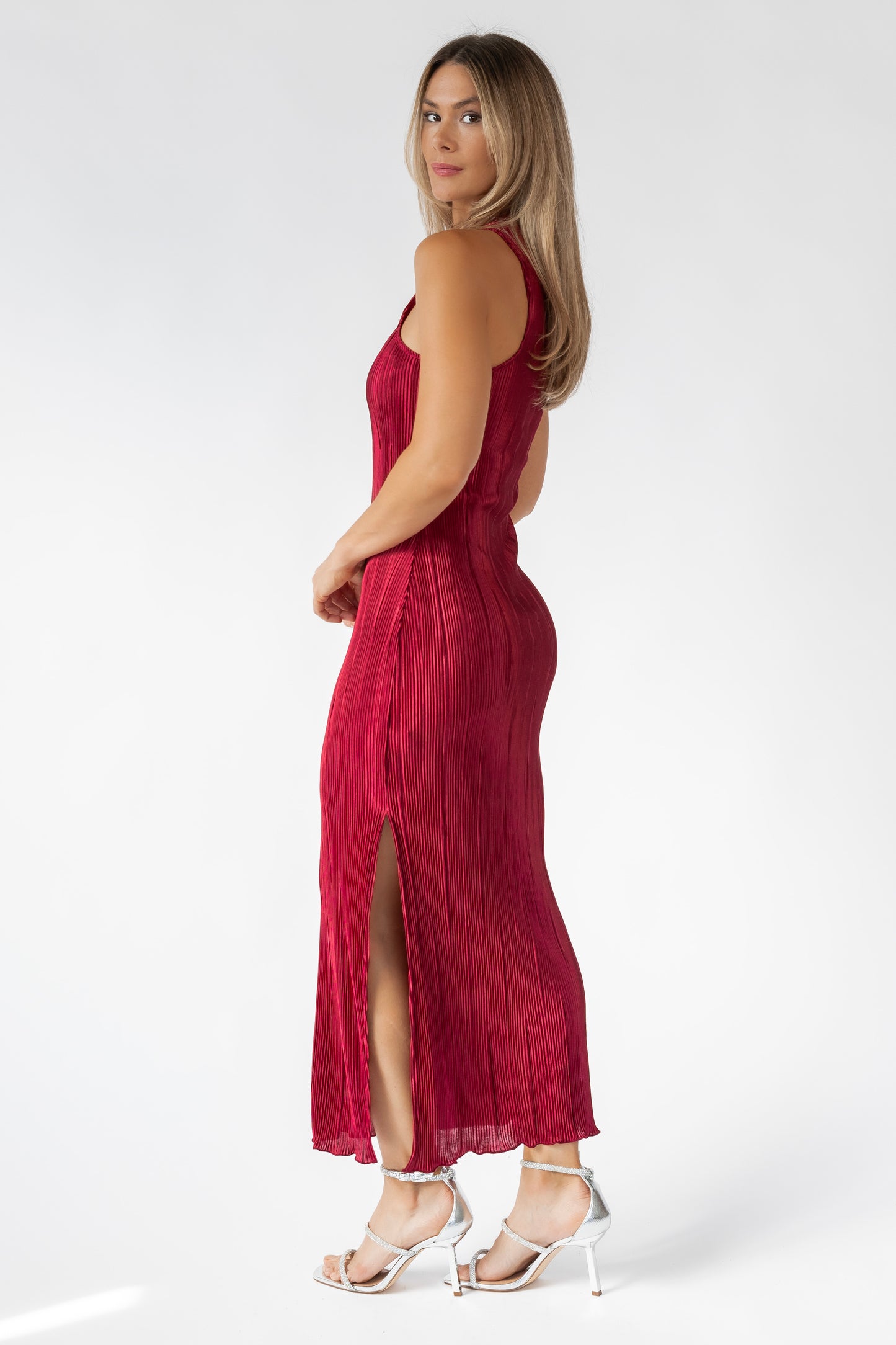 Lys Burgundy Plisse Halter Maxi Dress