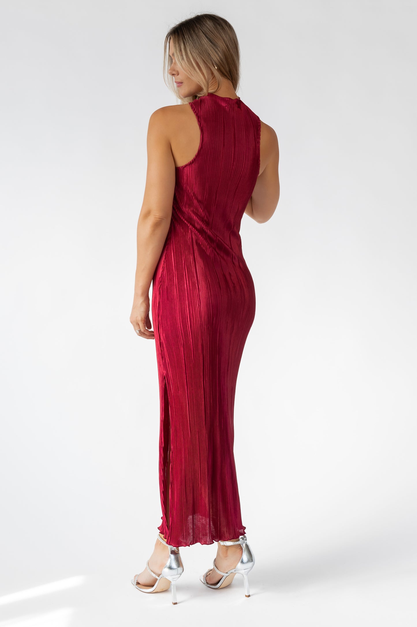 Lys Burgundy Plisse Halter Maxi Dress