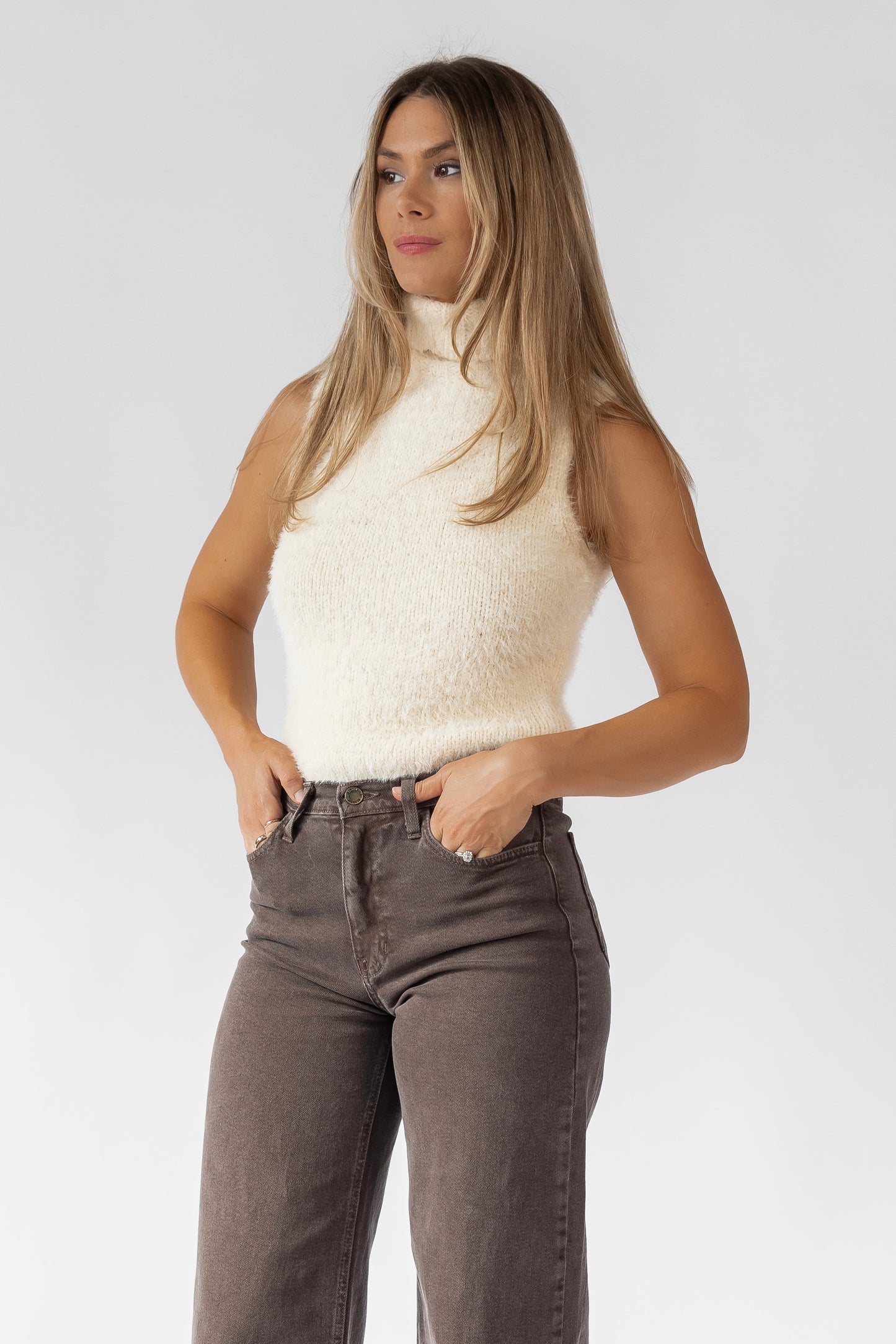 Lexie Cream Sleeveless Turtleneck Sweater