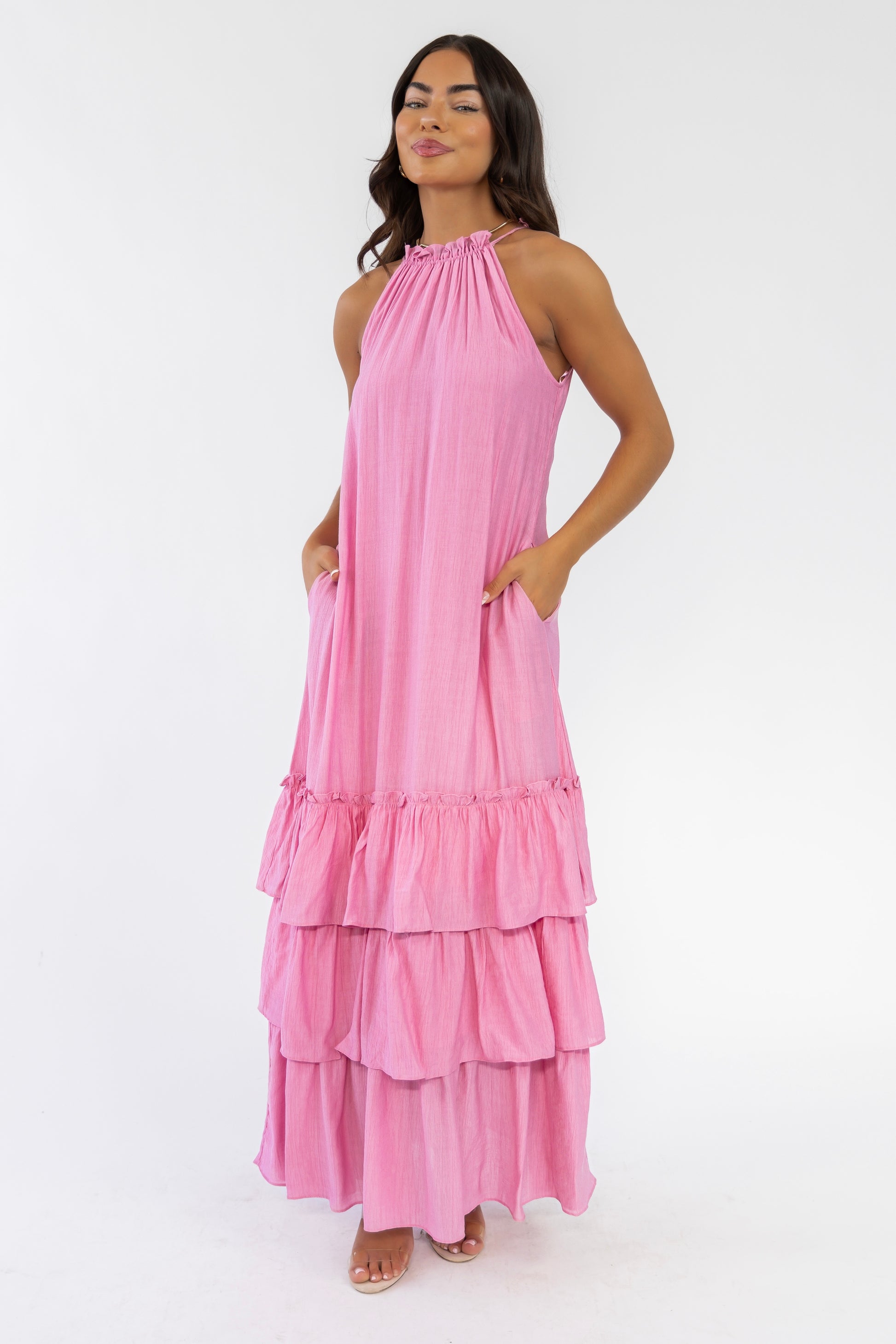 pink seren dress SEREN SOFT PINK FLORAL LACE BACK MAXI DRESS