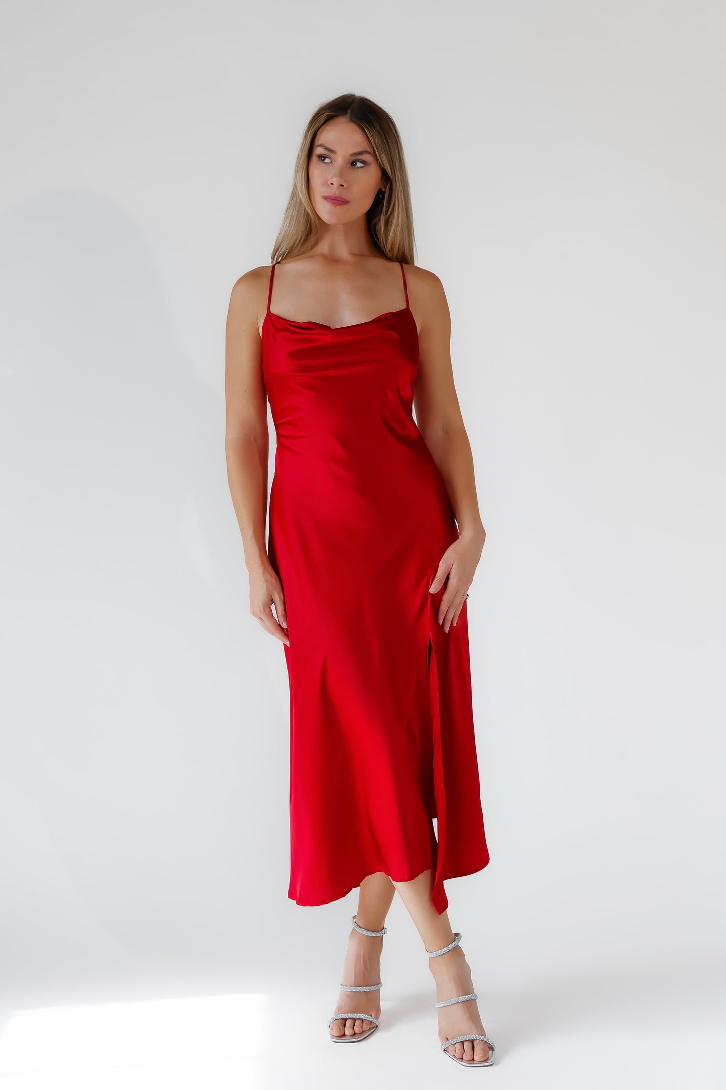 Gaia Red Satin Midi Dress - FINAL SALE