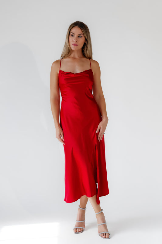 Gaia Red Satin Midi Dress