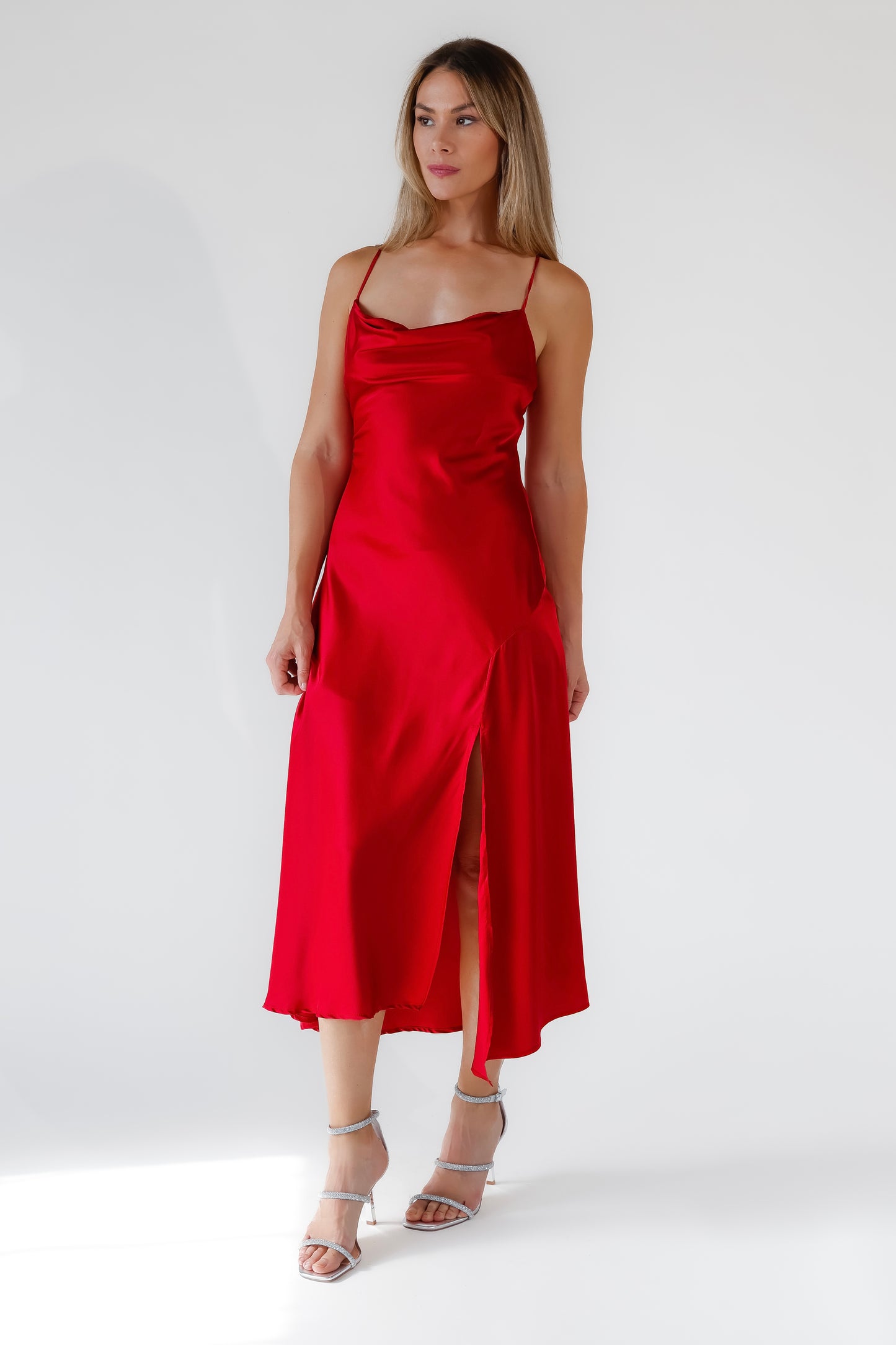 Gaia Red Satin Midi Dress - FINAL SALE