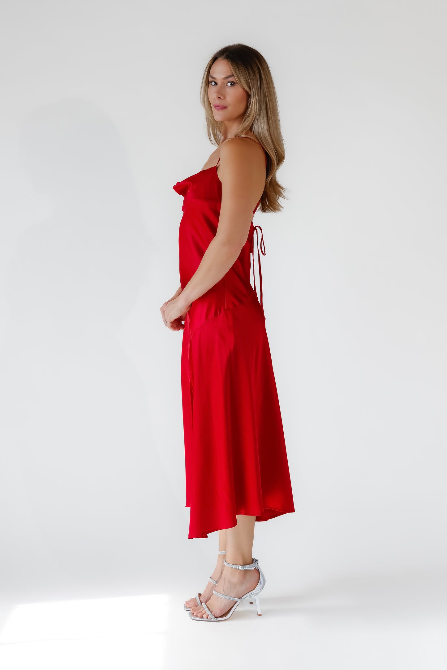 Gaia Red Satin Midi Dress - FINAL SALE