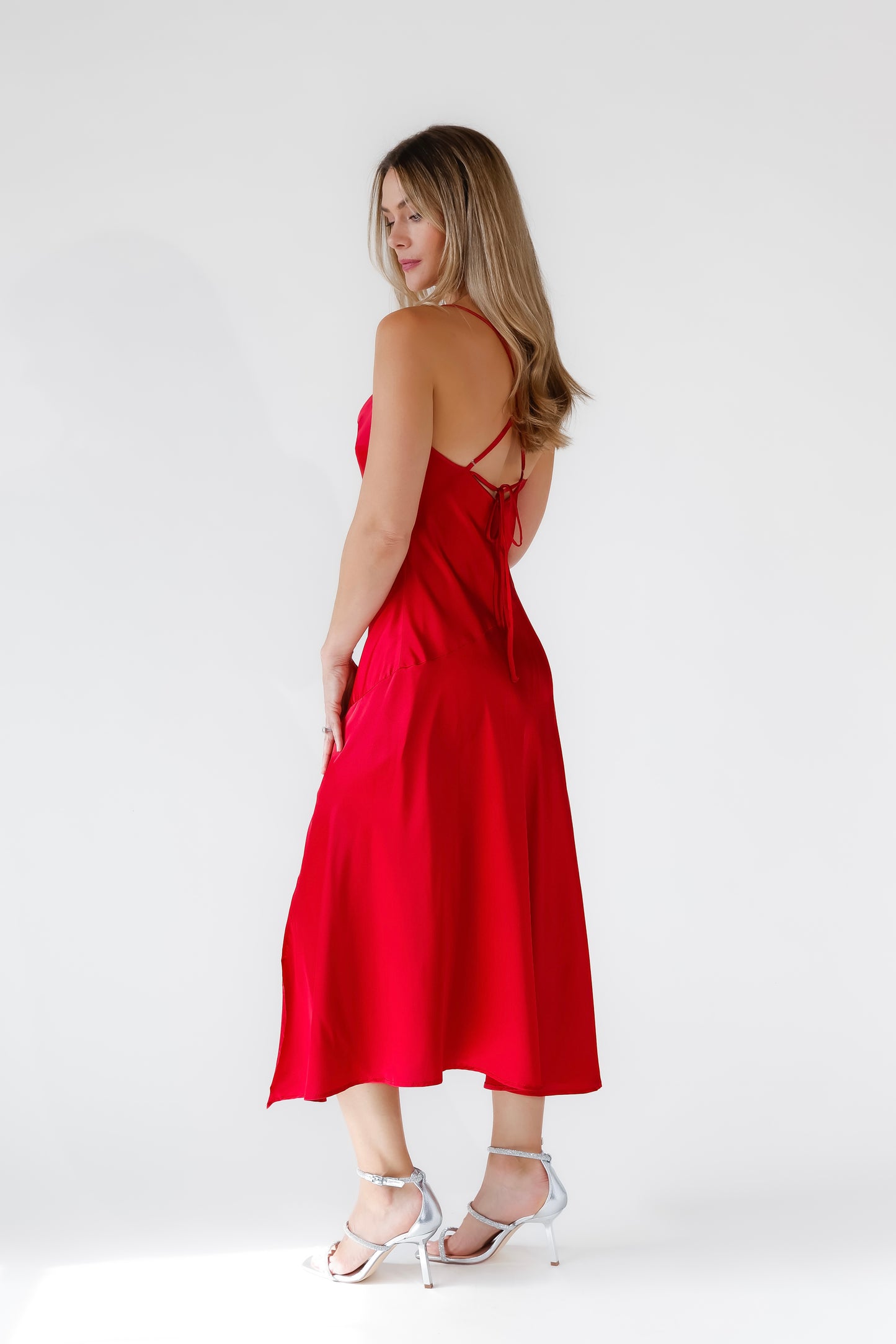 Gaia Red Satin Midi Dress - FINAL SALE