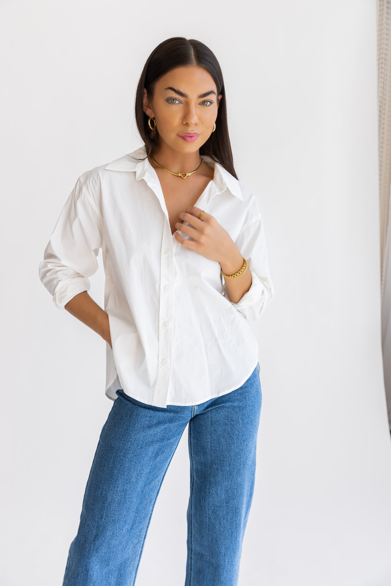 Selenia White Poplin Button Down Top