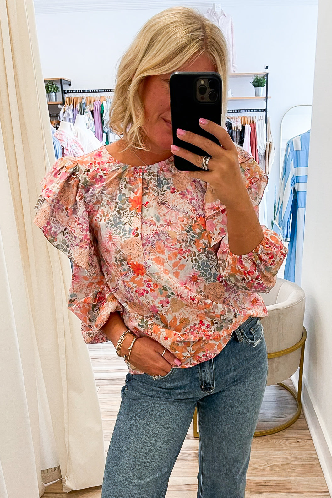 Jenny Pink Floral Ruffle Shoulder Top - FINAL SALE