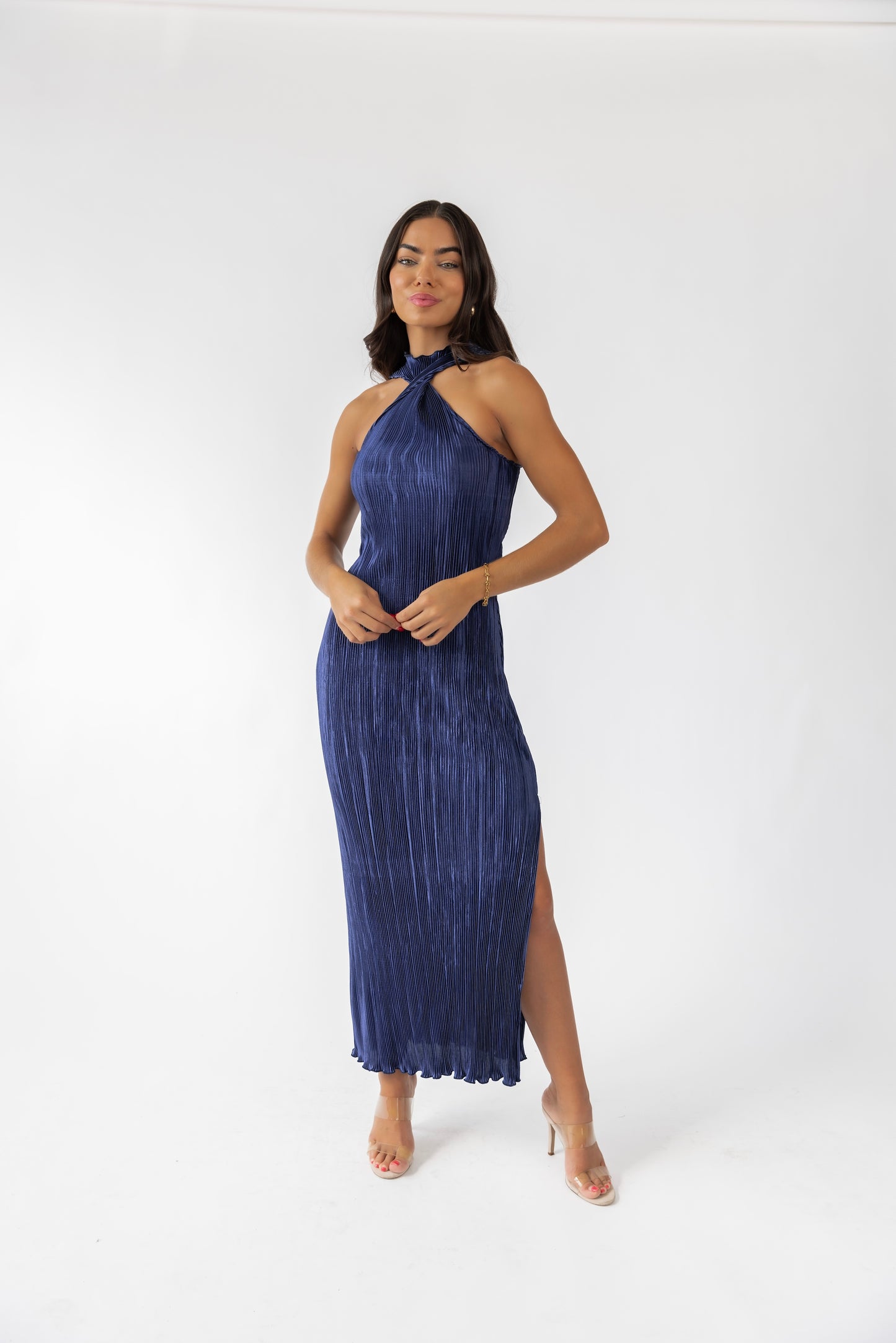 Lys Navy Plisse Halter Maxi Dress