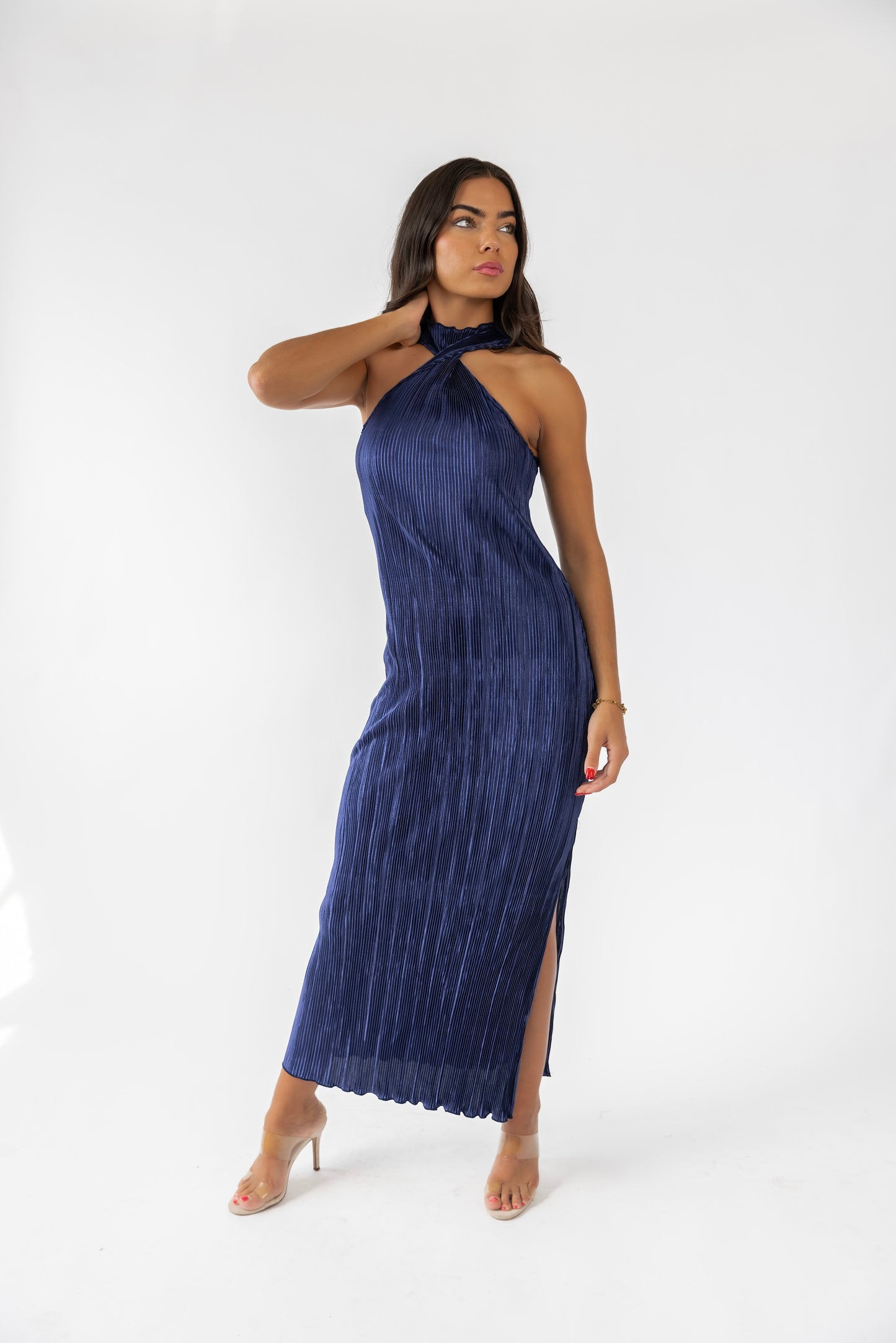 Lys Navy Plisse Halter Maxi Dress