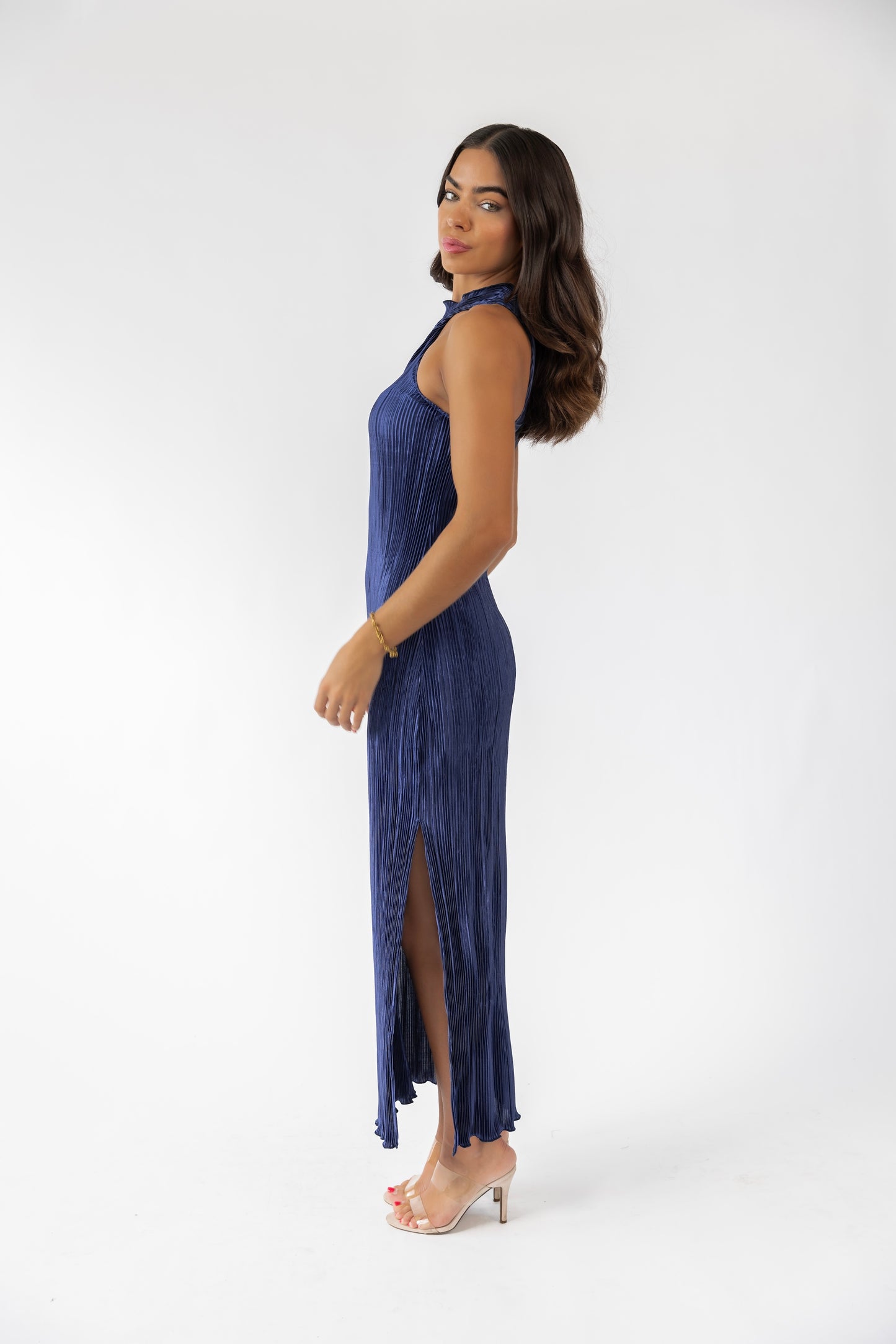 Lys Navy Plisse Halter Maxi Dress