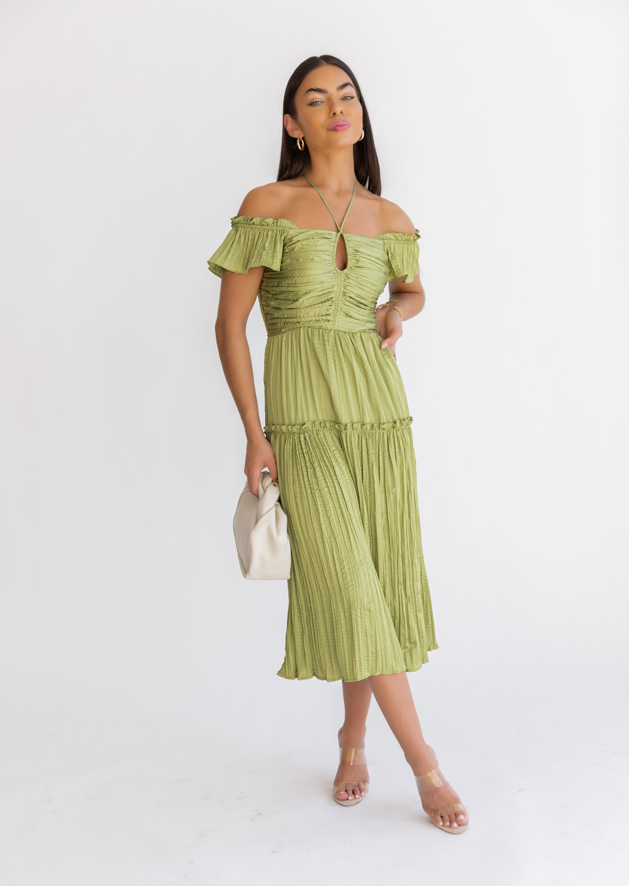 Ruche Me Right Lime Satin Midi Dress