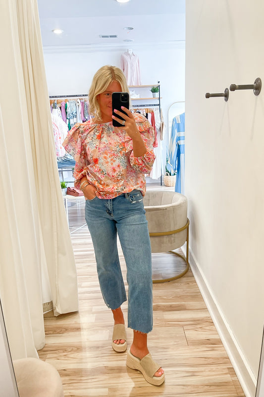 Jenny Pink Floral Ruffle Shoulder Top - FINAL SALE