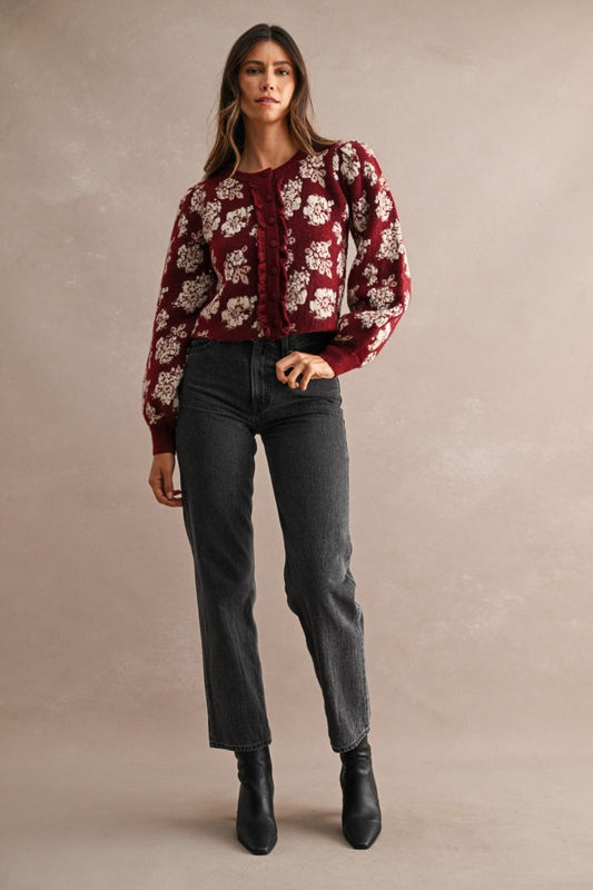 Marennia Burgundy Floral Cardigan Sweater