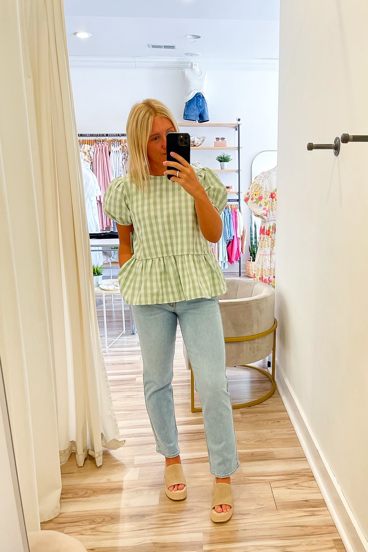 Madi Sage Gingham Babydoll Top - FINAL SALE