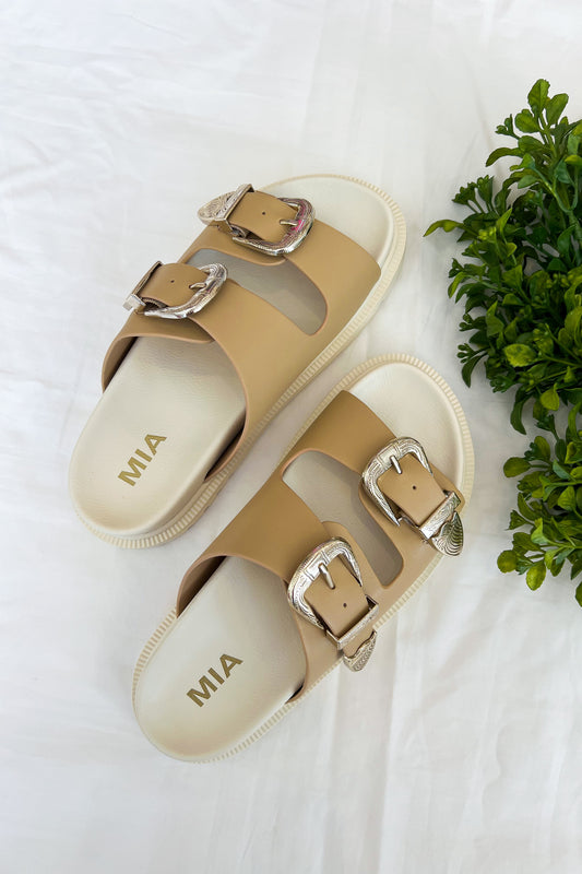 Brixley Tan Gold Buckle Sandal