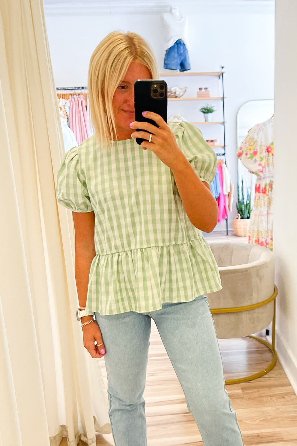 Madi Sage Gingham Babydoll Top - FINAL SALE