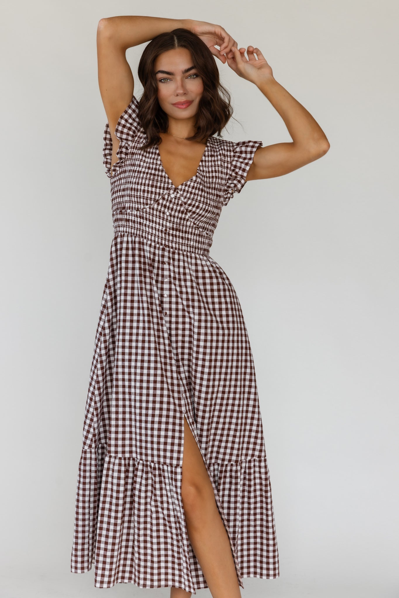 Ivanah Brown Gingham Midi Dress