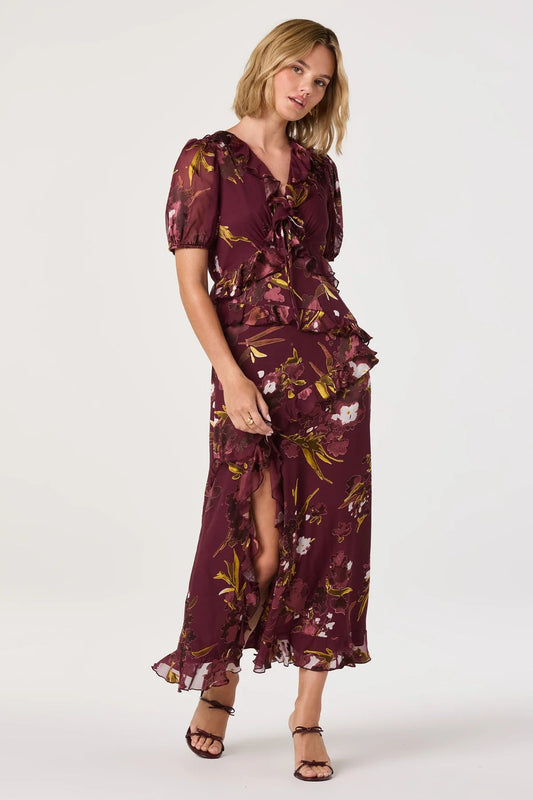 Bennet Wine Ruffle Midi Dress