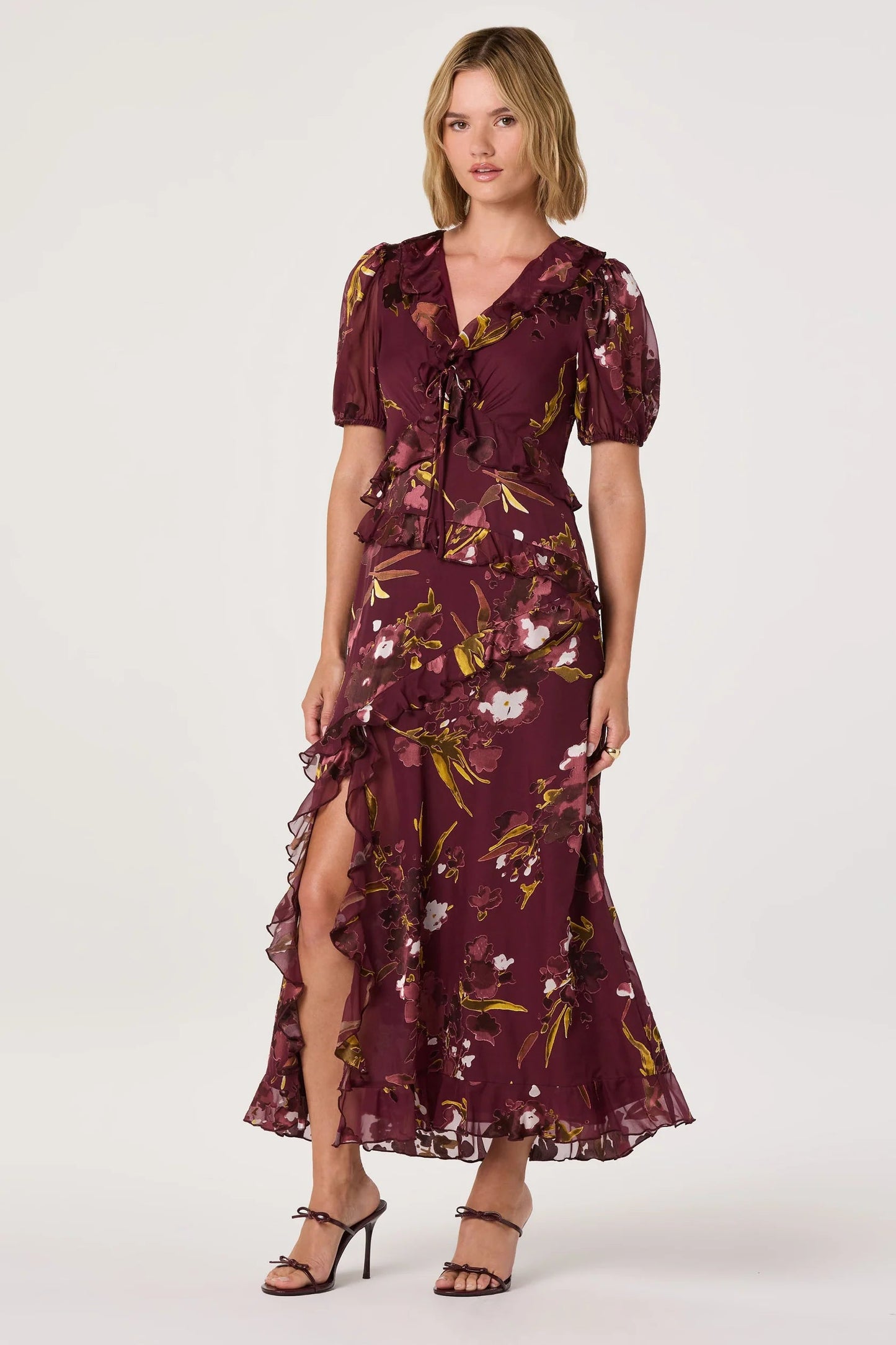 Bennet Wine Ruffle Midi Dress