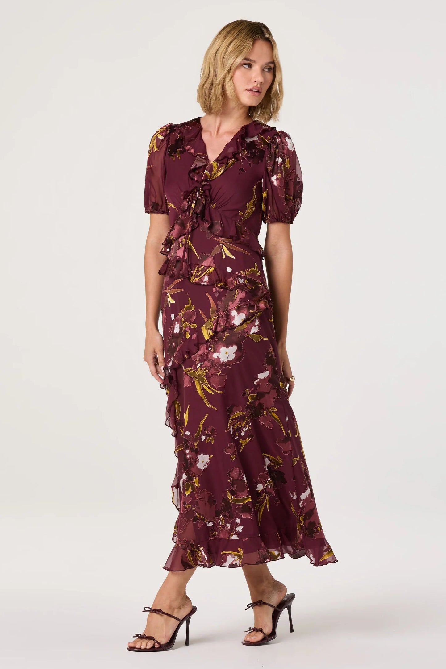 Bennet Wine Ruffle Midi Dress