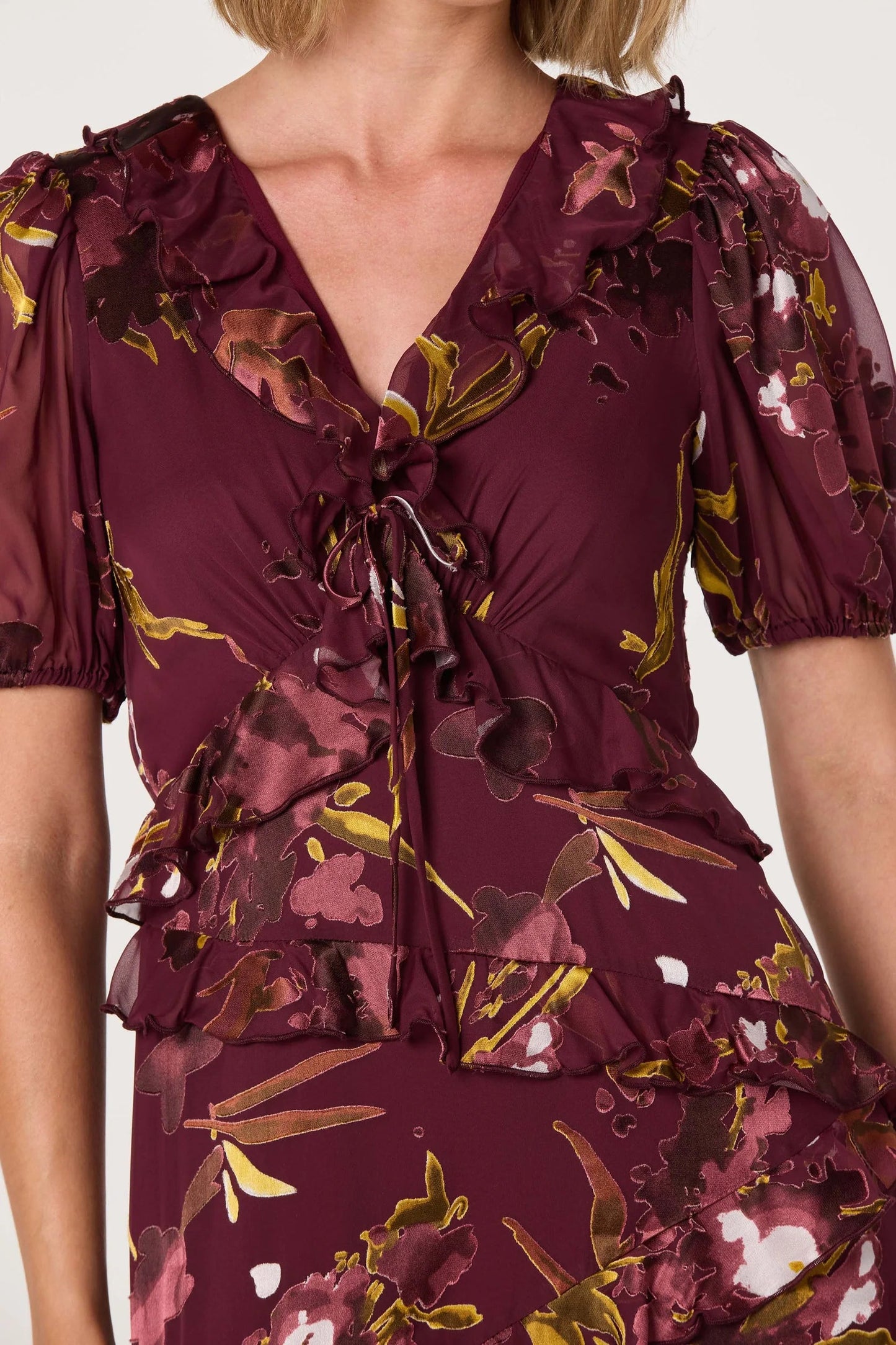 Bennet Wine Ruffle Midi Dress