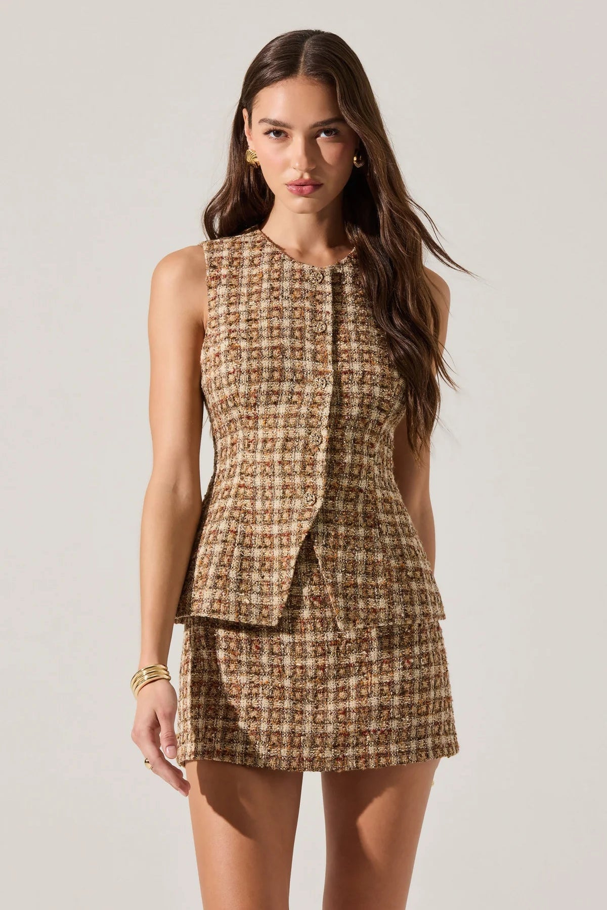 Dilone Brown Plaid Tweed Dress