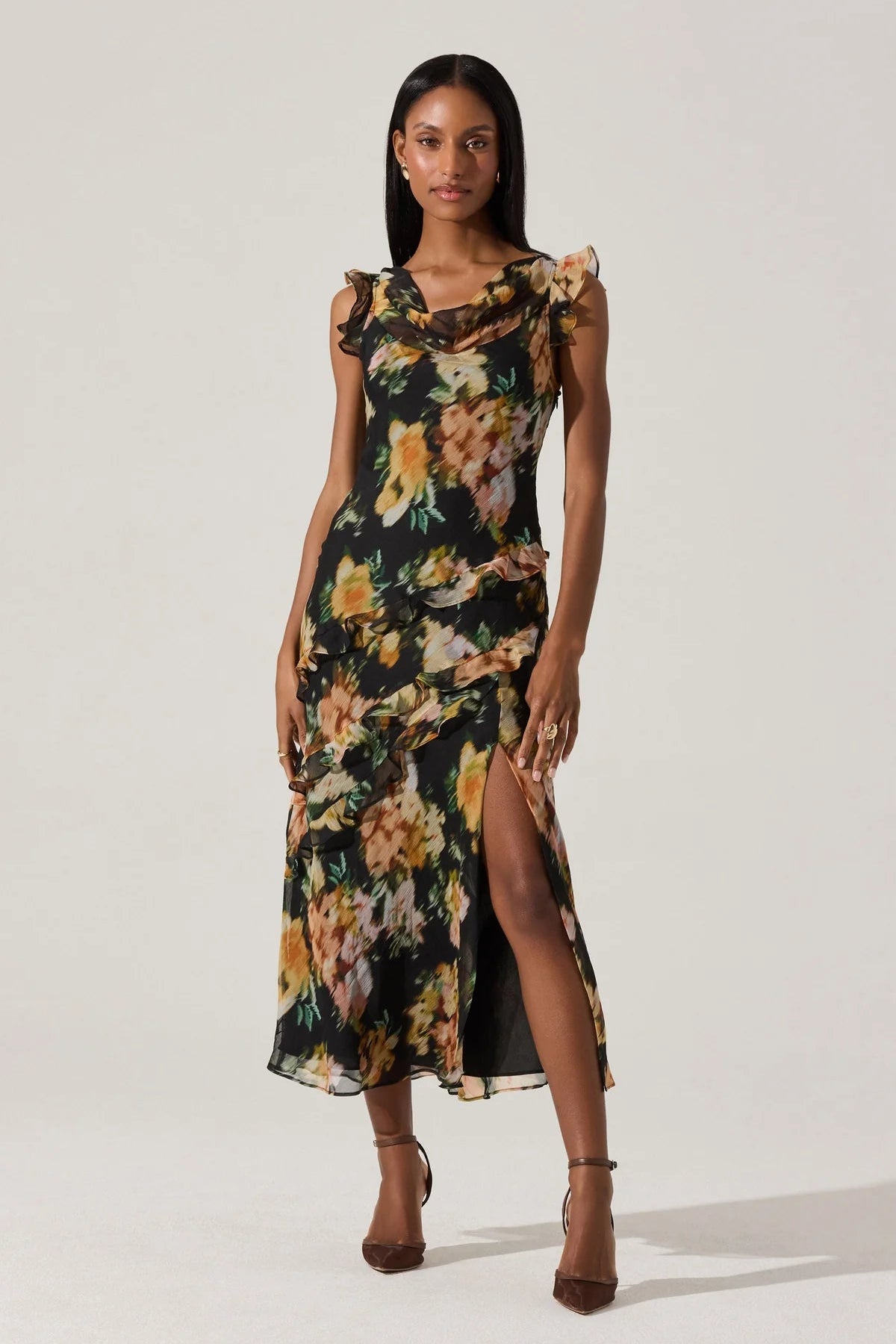 Alinta Black Floral Ruffled Midi Dress
