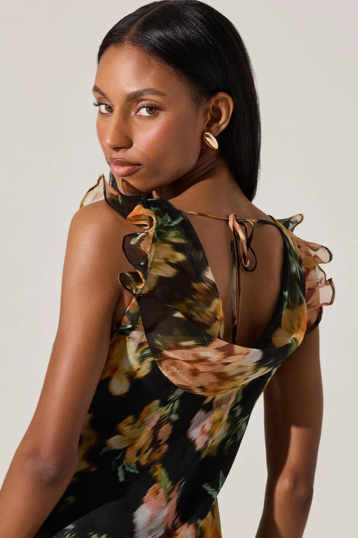 Alinta Black Floral Ruffled Midi Dress