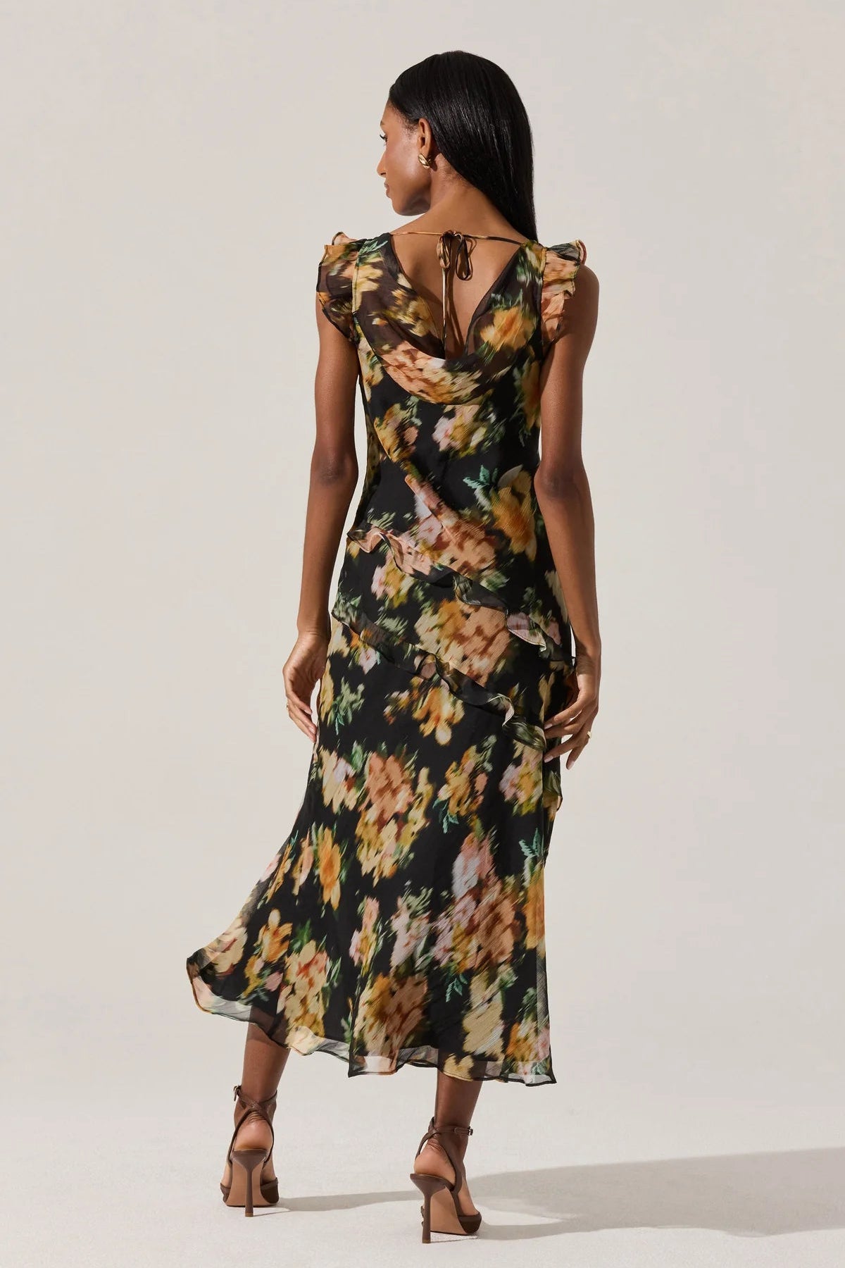 Alinta Black Floral Ruffled Midi Dress
