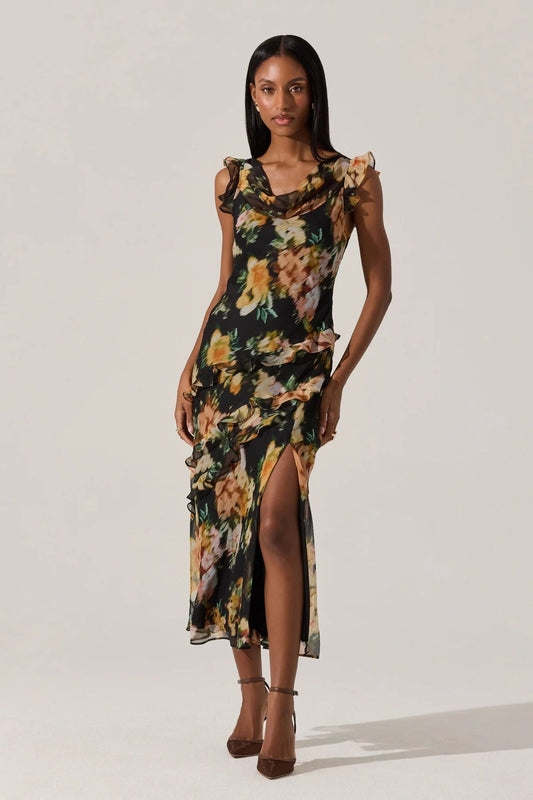 Alinta Black Floral Ruffled Midi Dress