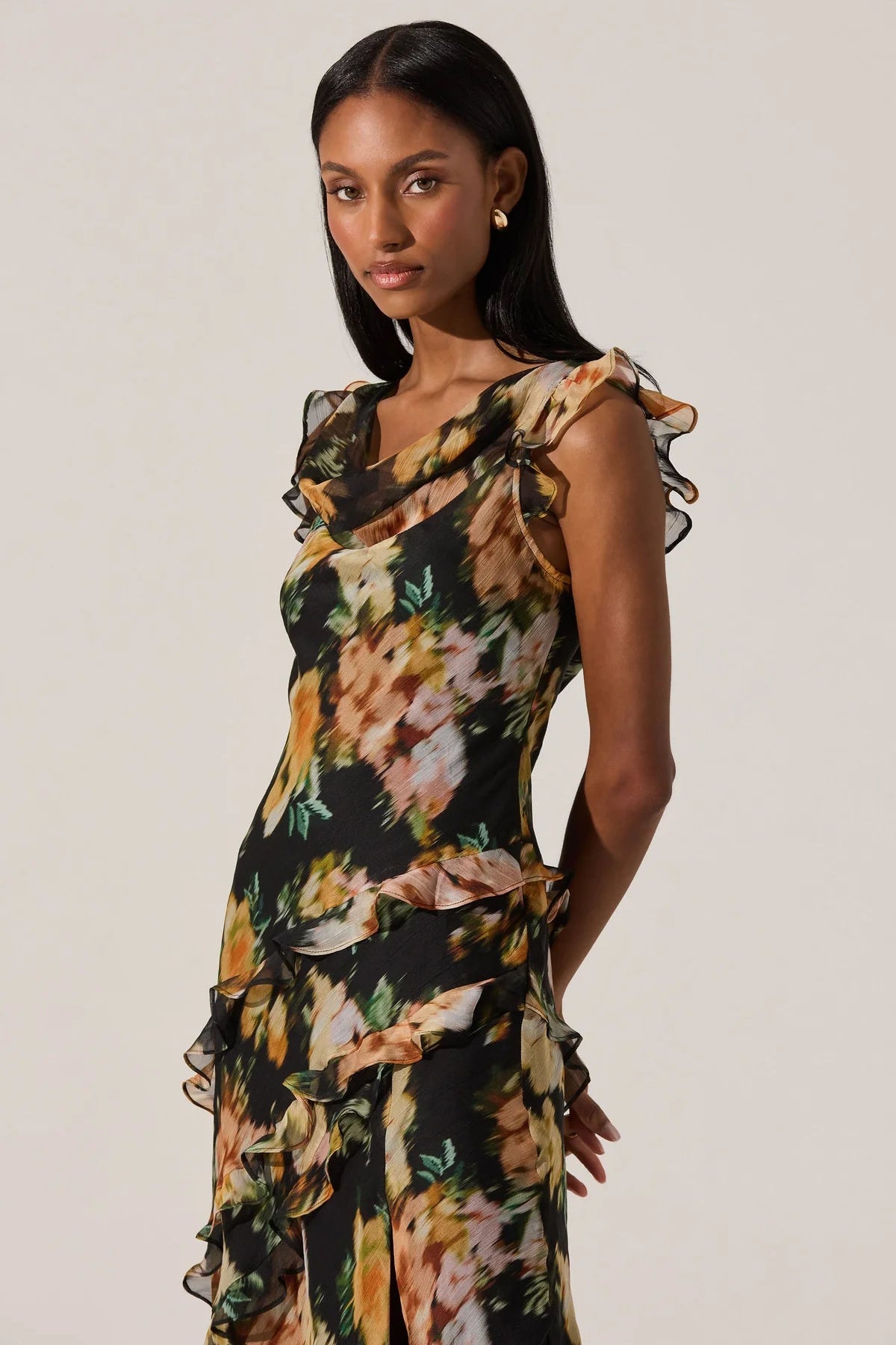 Alinta Black Floral Ruffled Midi Dress
