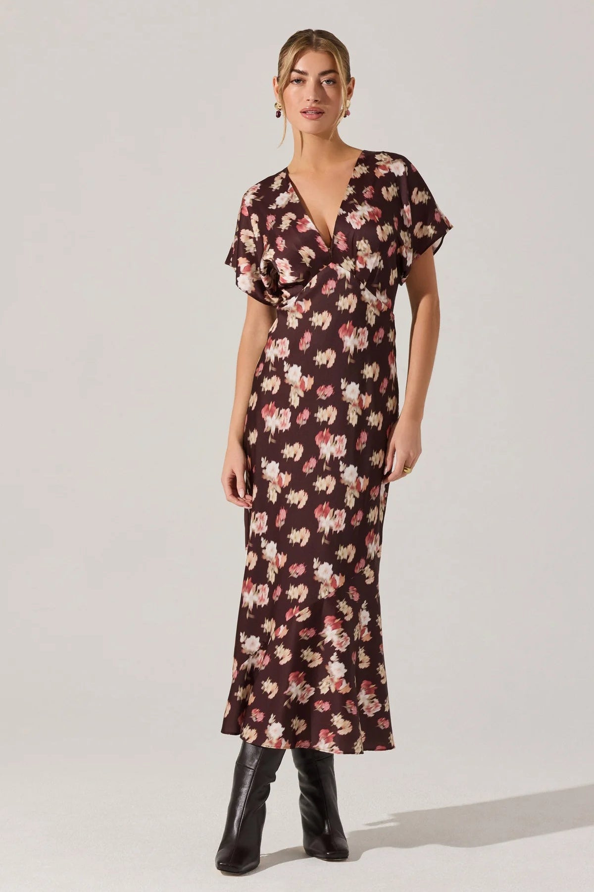 Talyha Brown Floral Satin Dress
