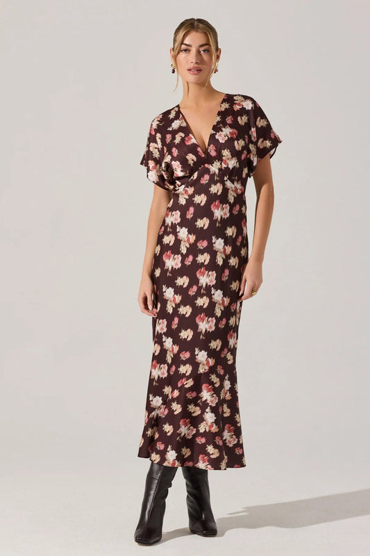 Talyha Brown Floral Satin Dress