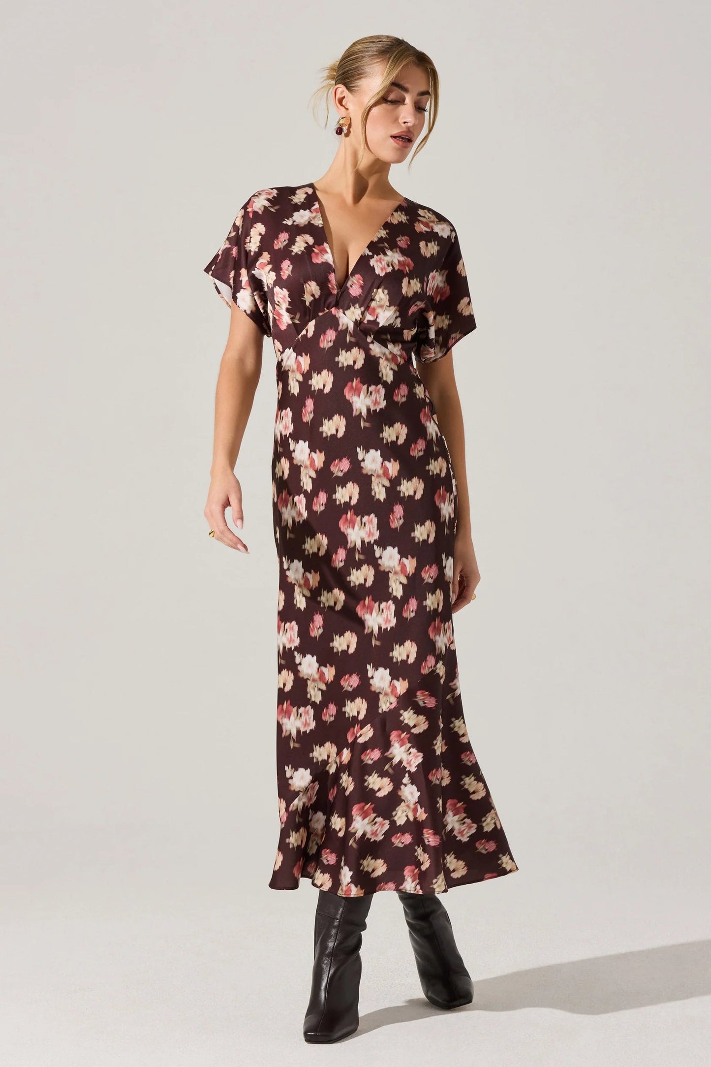 Talyha Brown Floral Satin Dress